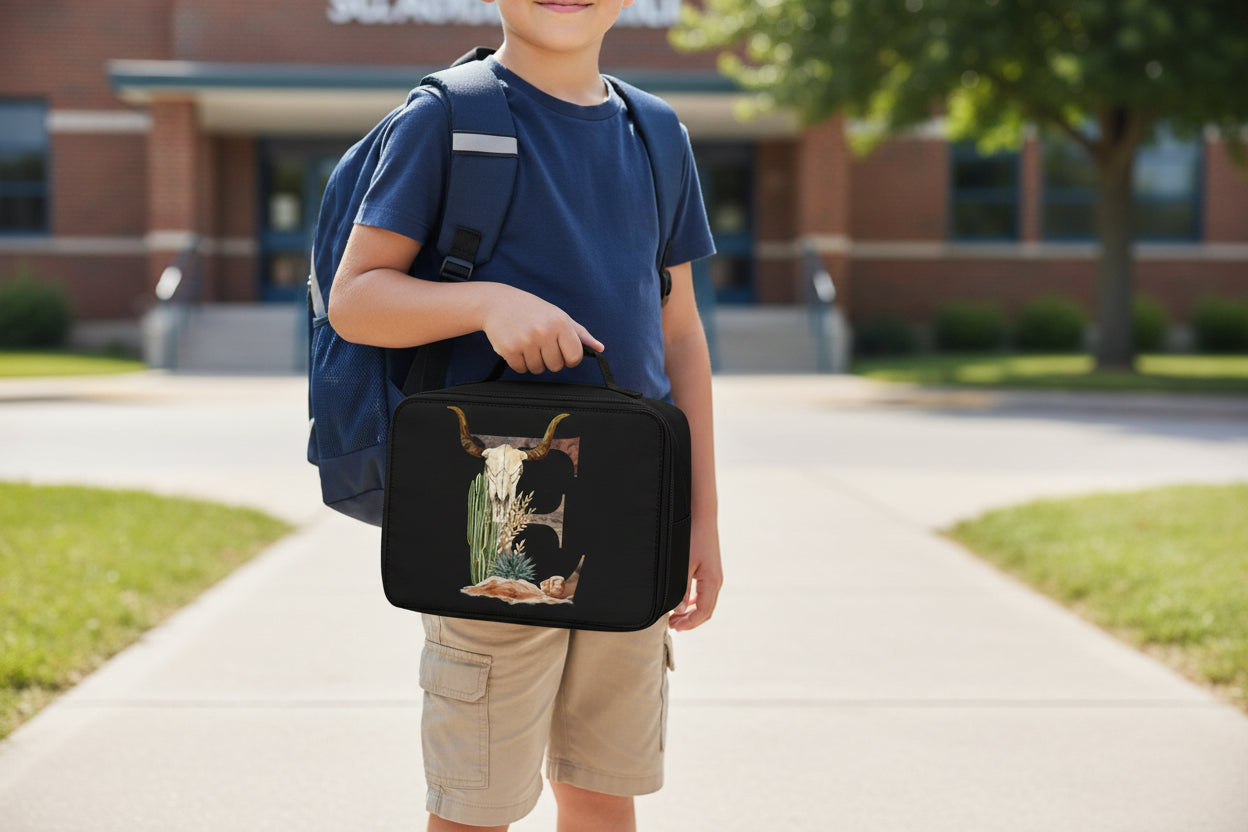 Black lunch bag with a bull skull and cactus design on a white background