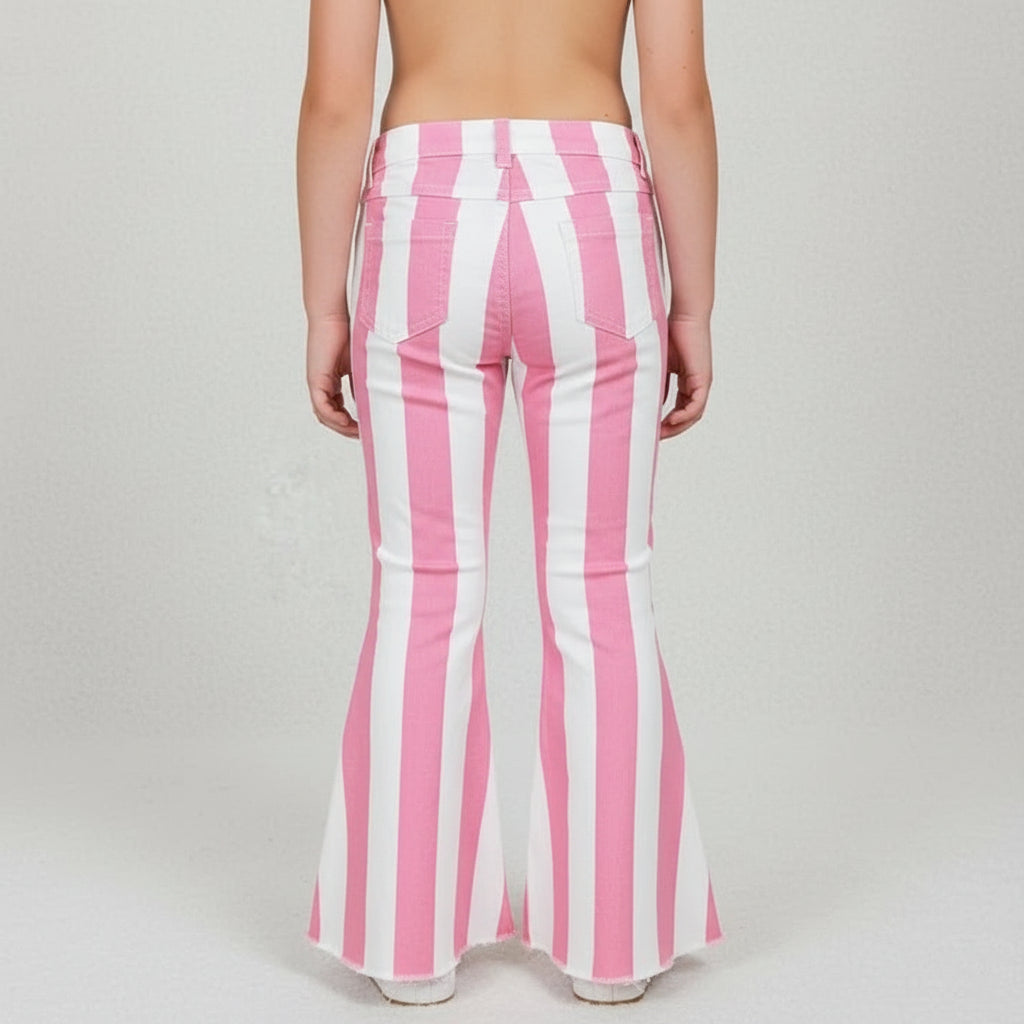 pink and white striped bell bottom jeans