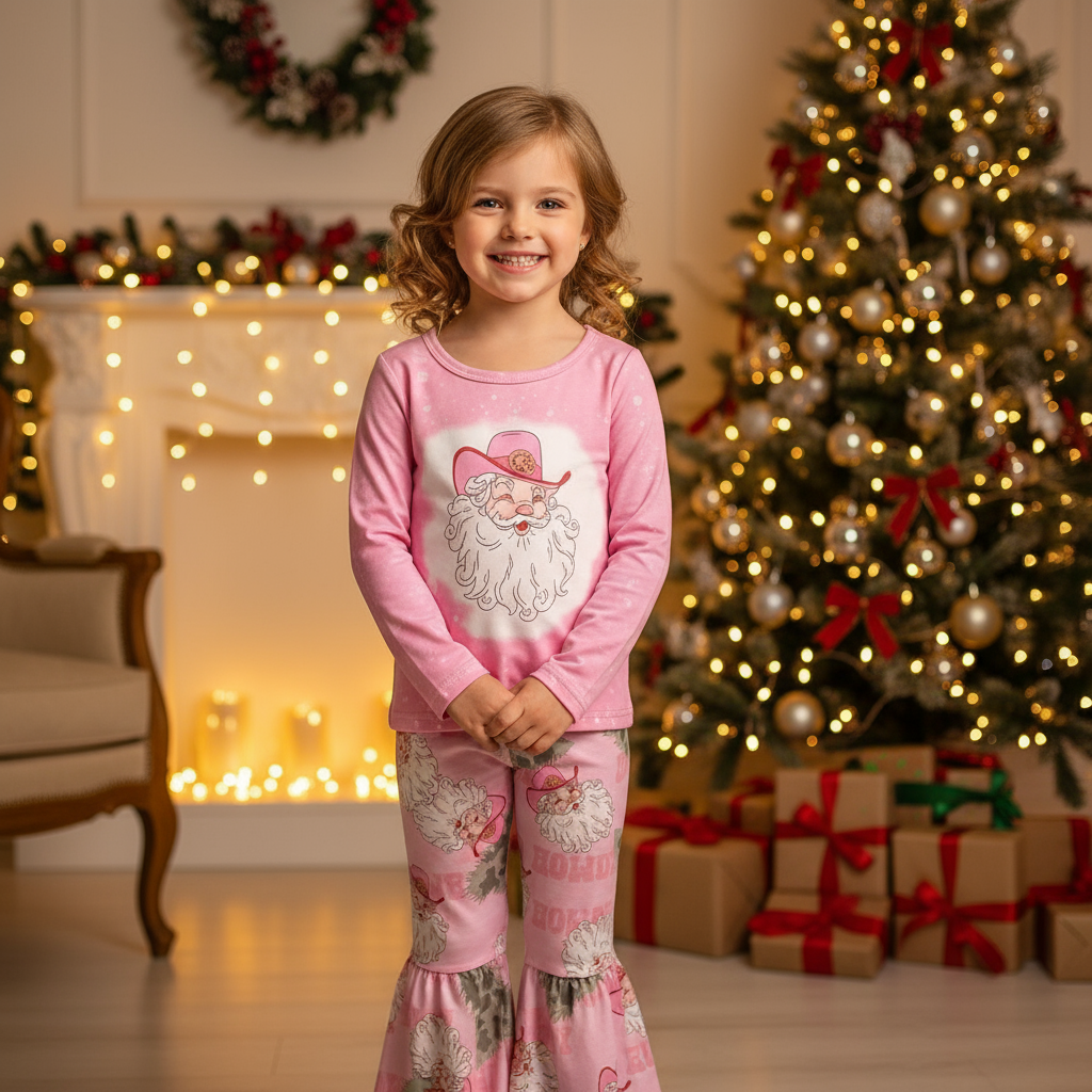pink christmas bell bottoms and shirt, cowboy santa howdy outfit