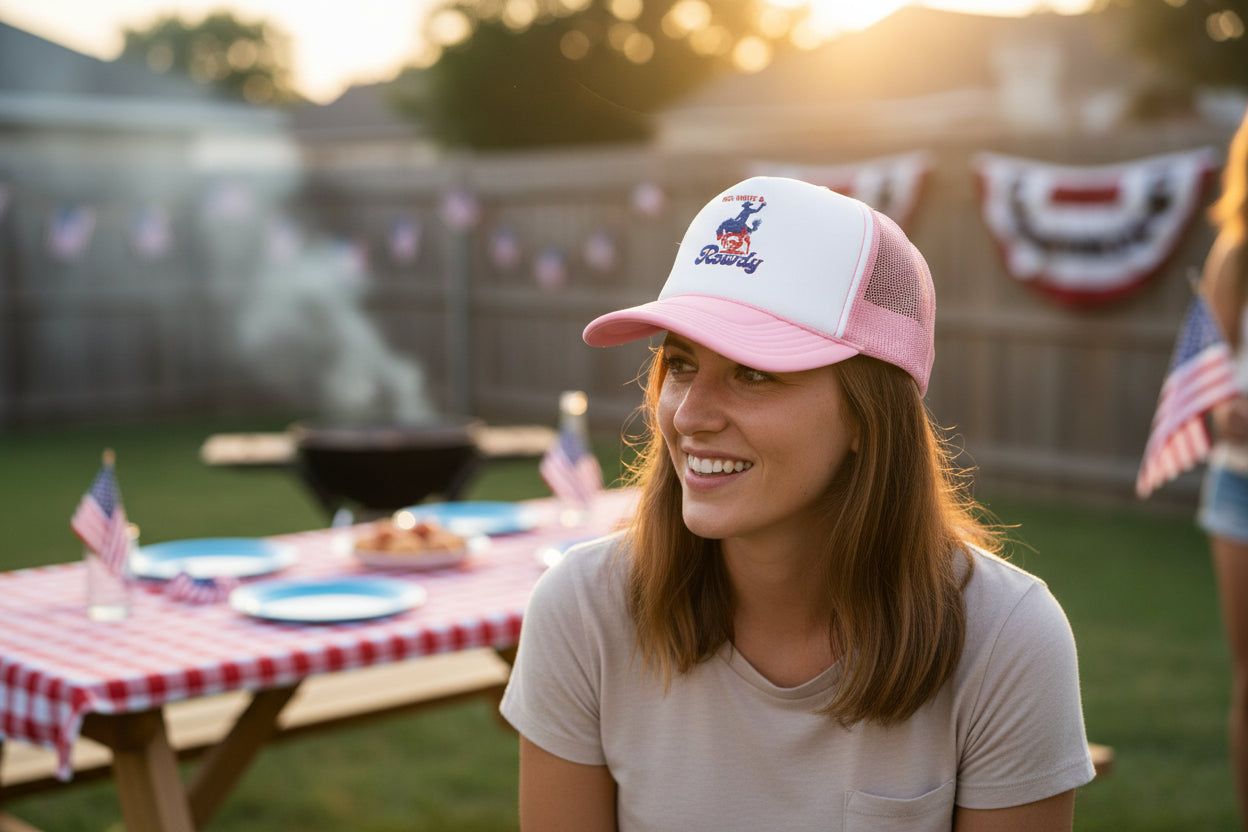 woman wearing pink foam red white and rowdy trucker hat at 4th of july bbq