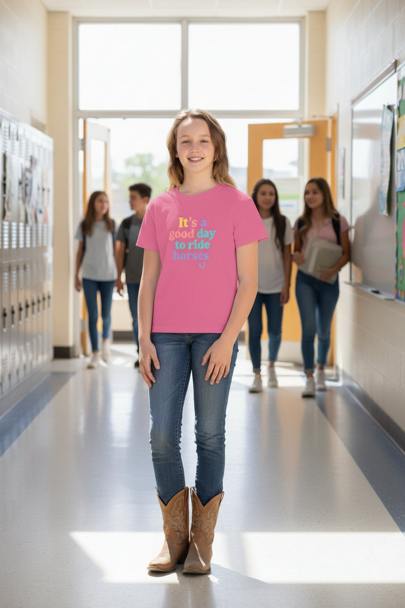 Child wearing a pink t-shirt with colorful text that says its a good day to ride horses in a school setting