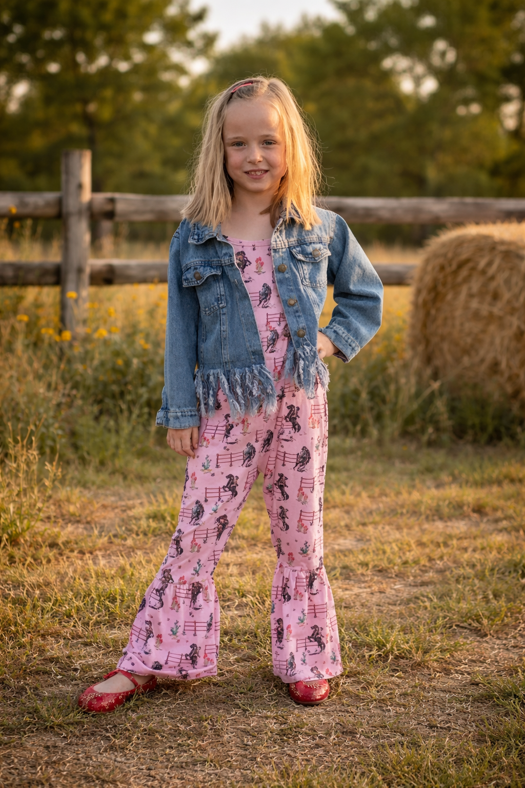 Young girl in pink cowgirl patterned jumpsuit with denim jacket standing in a field with hay bales.