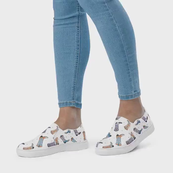 Cowboy Boot Print Canvas Slip-On Shoes: Western Style Sneakers