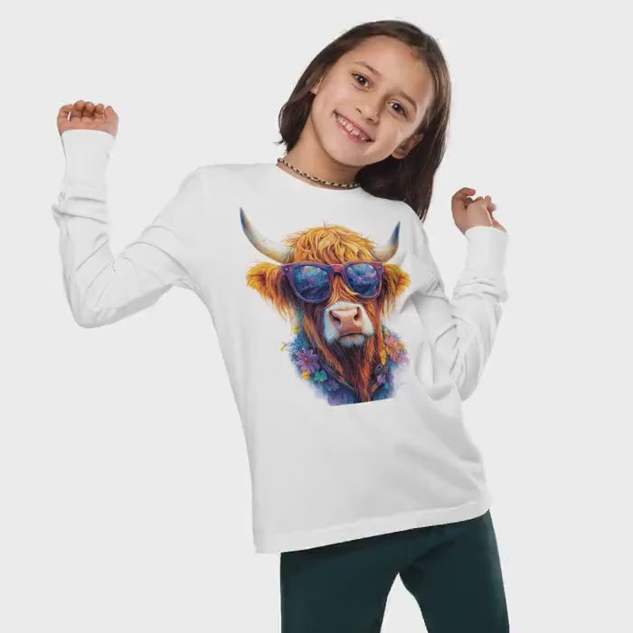 Kids Highland Cow Long Sleeve Tee: Sassy Cowgirl Shirt