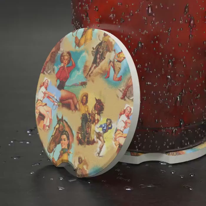 Vintage Cowgirl Car Coaster: Retro Western Soapstone Cup Holder