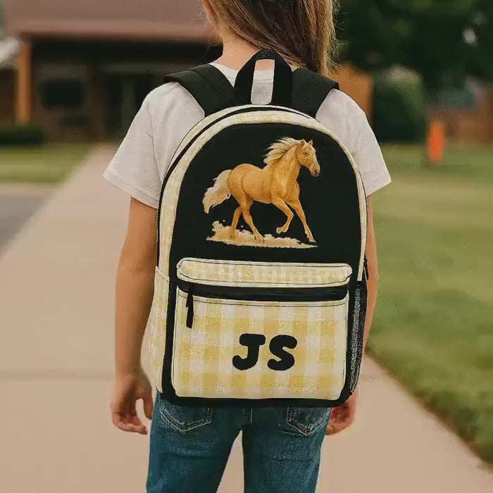 Personalized Palomino Horse Backpack: Yellow Gingham Kids School Bag