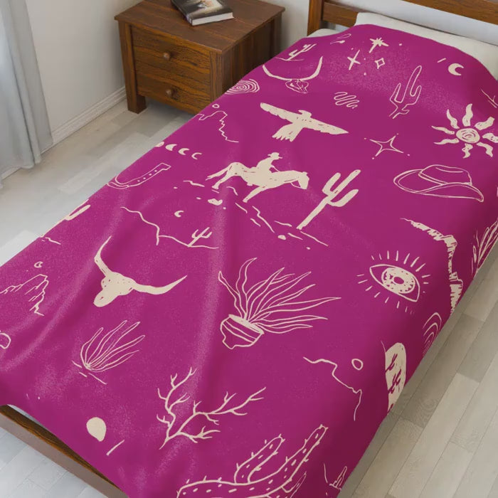 Western Cowboy Velveteen Blanket: Cactus & Steerhead Throw