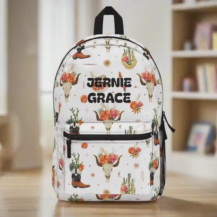 Personalized Floral Western Backpack: Boho Cowgirl Kids Travel Bag