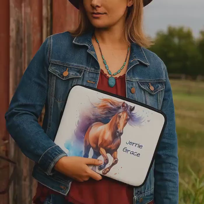 Personalized Watercolor Horse Laptop Sleeve: Waterproof Neoprene Tech Cover