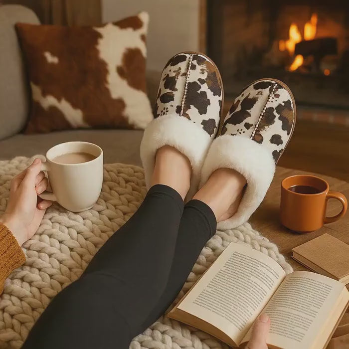 CowPrint Slippers ā Western Cowgirl Fuzzy House Shoes, Cozy Sherpa Lined