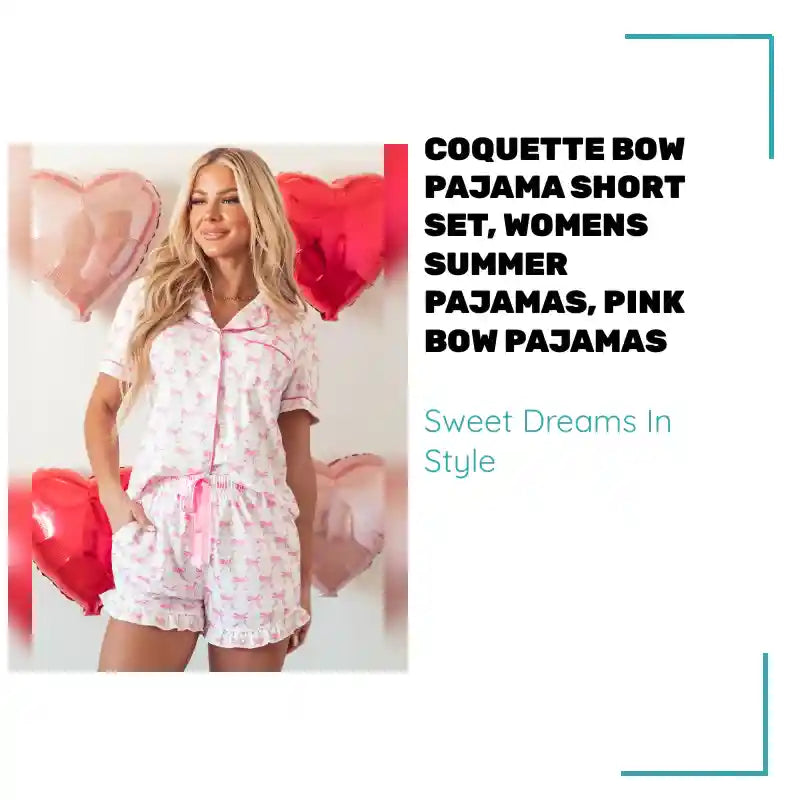 Coquette Bow Pajama Short Set, Womens Summer Pajamas, Pink Bow Pajamas by@Outfy