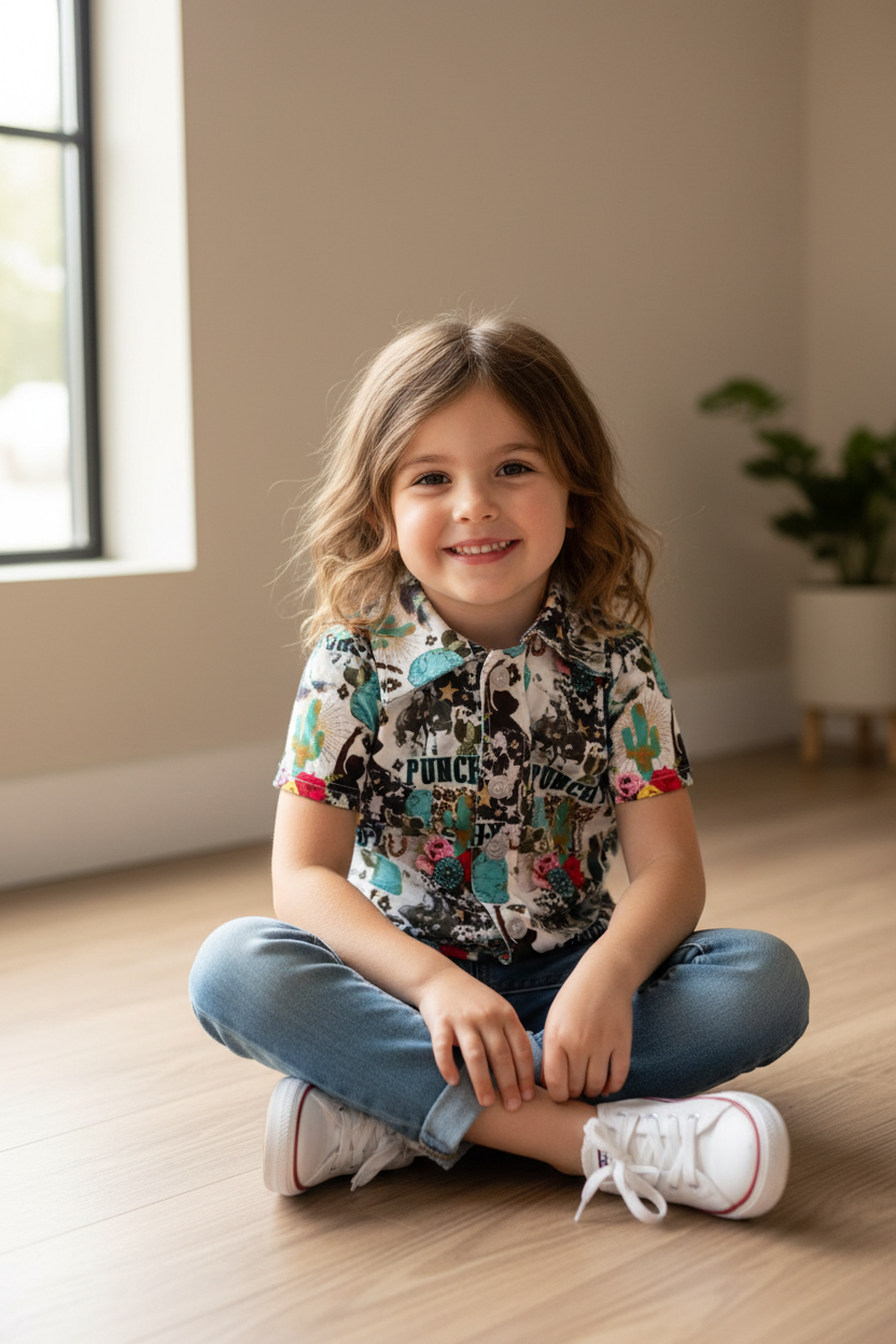 Child sitting on a wooden floor in a room with a window and plant in the background