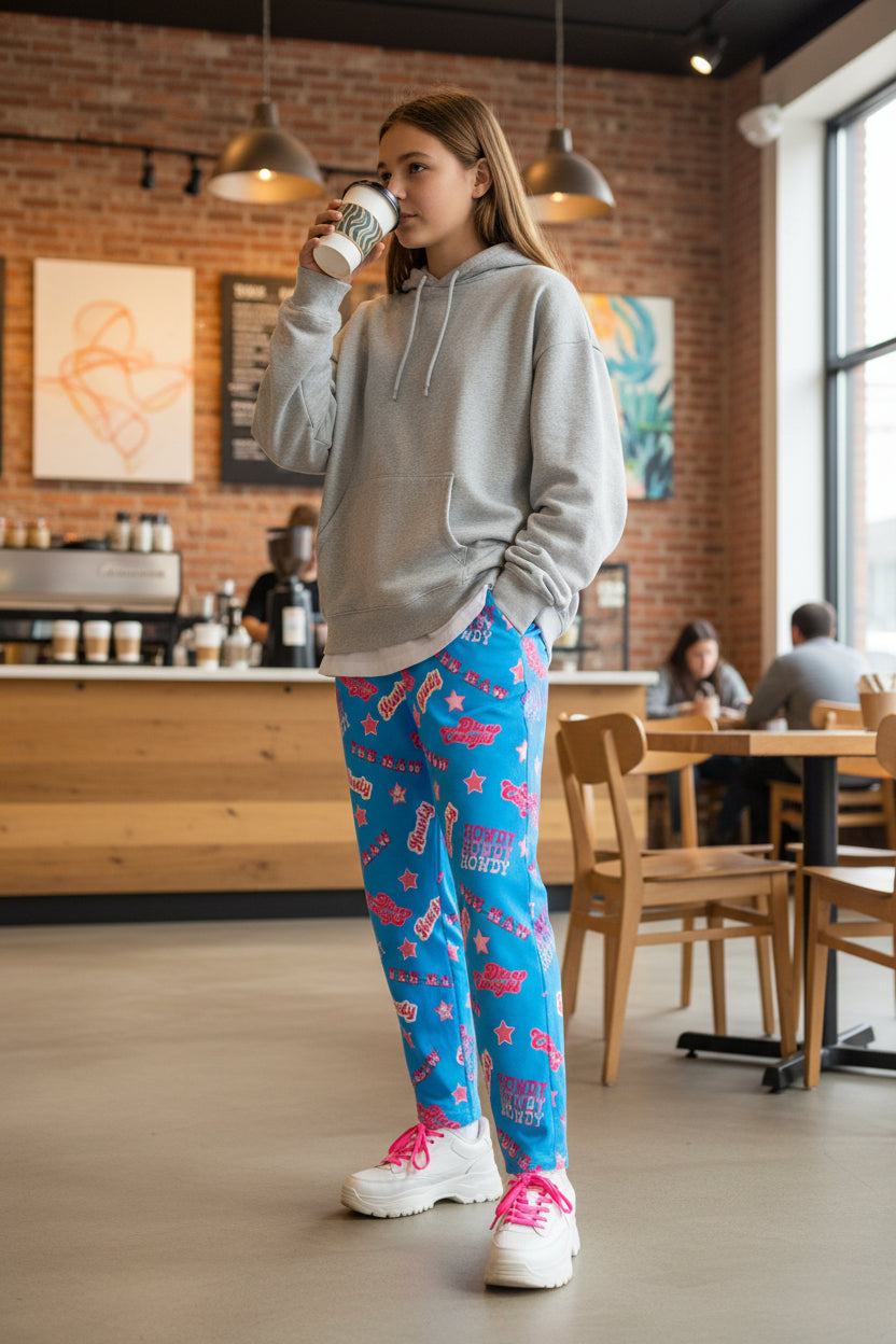 girl wearing Disco Cowgirl Pajama Pants: Periwinkle Purple Western Lounge Pants -Razels while getting a coffee