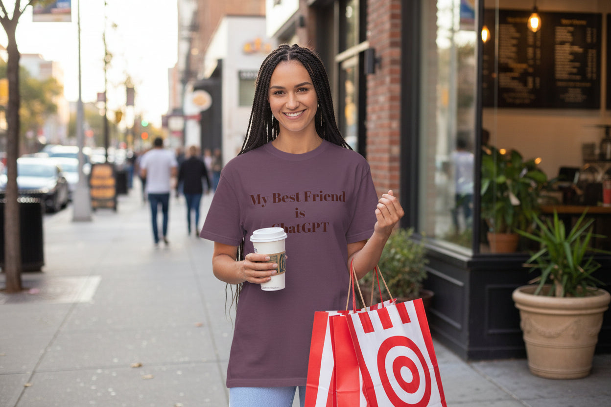 Person wearing a purple t-shirt with 'My Best Friend is ChatGPT' text on a white background