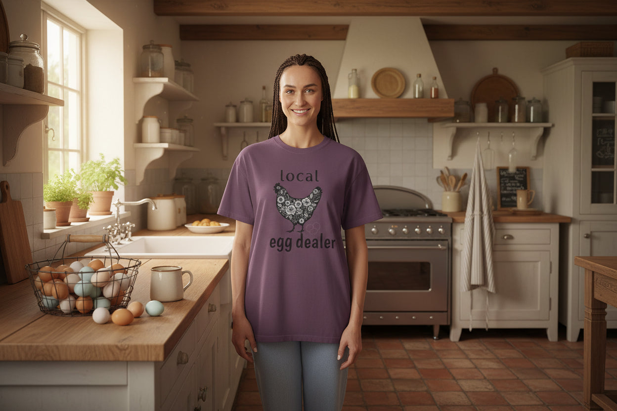 Person wearing a purple t-shirt with a graphic design and text on a white background