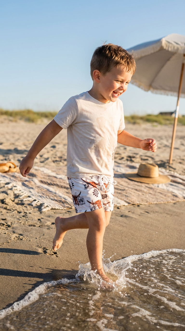 Child playing on a sandy beach with an umbrella and hat in the background wearing razels longhorn aztec western swim trunks
