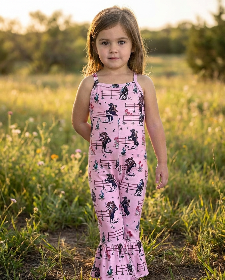 Young girl wearing a pink romper with retro cowgirl print allover standing in a field