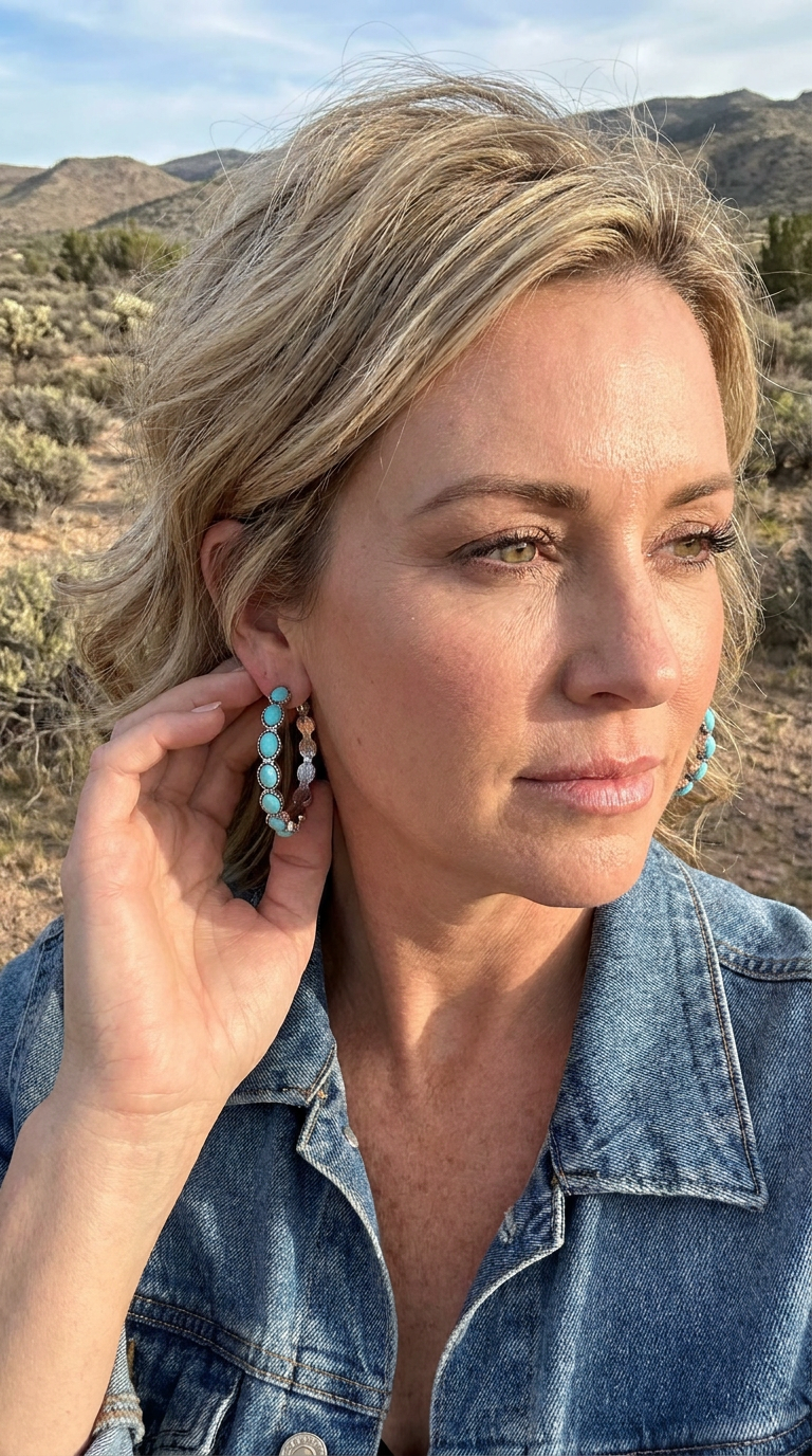 A woman outdoors in a desert landscape wearing turquoise and burnished silver stone hoop earrings and a blue denim jacket.