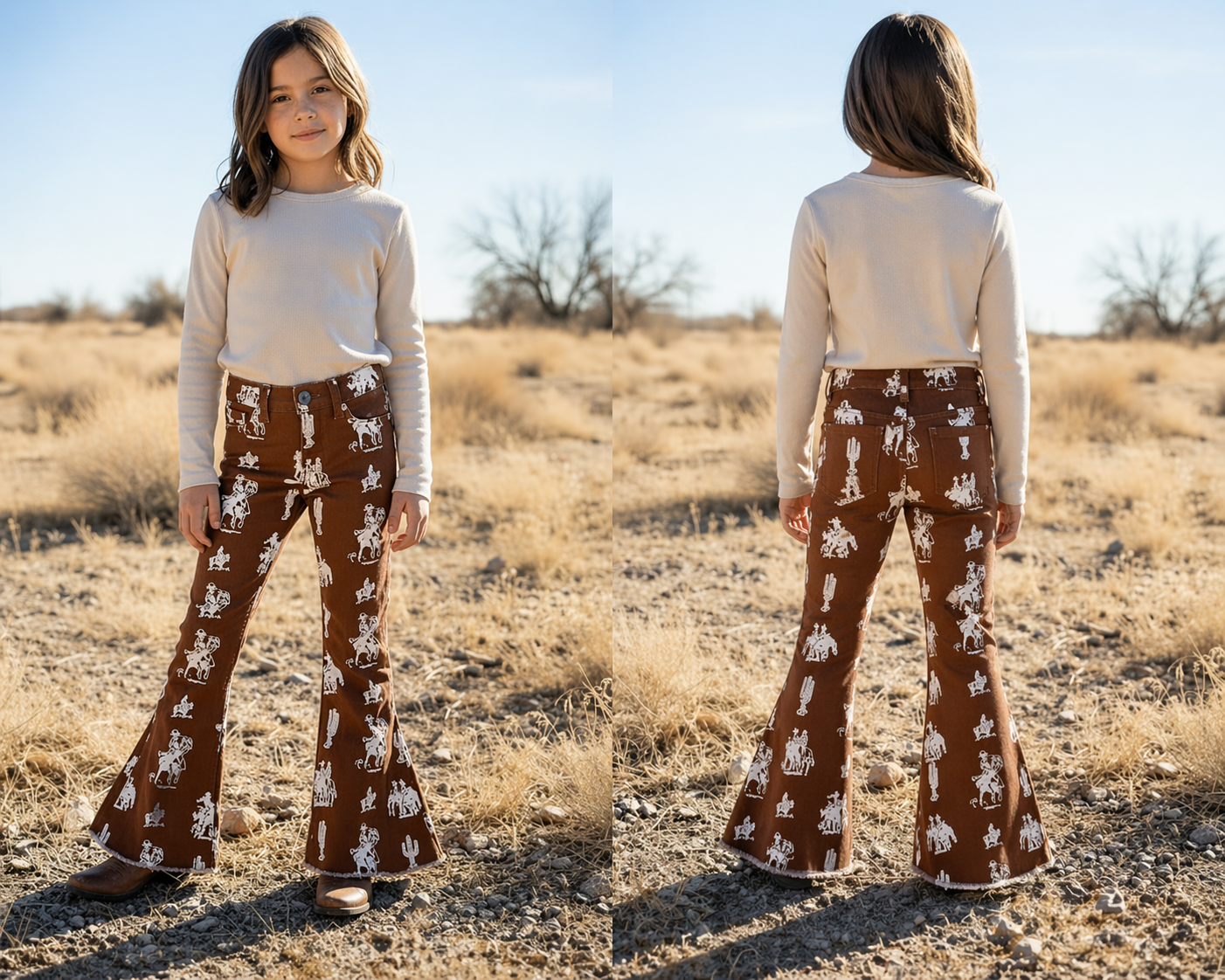 Child wearing brown bell-bottom pants with white patterns in a desert setting