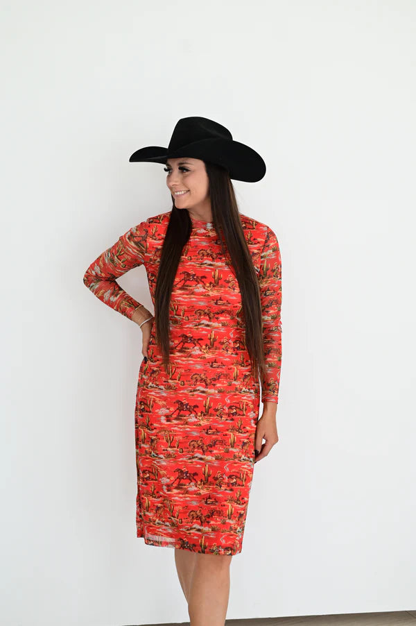 Red Cowboy Print Midi Dress