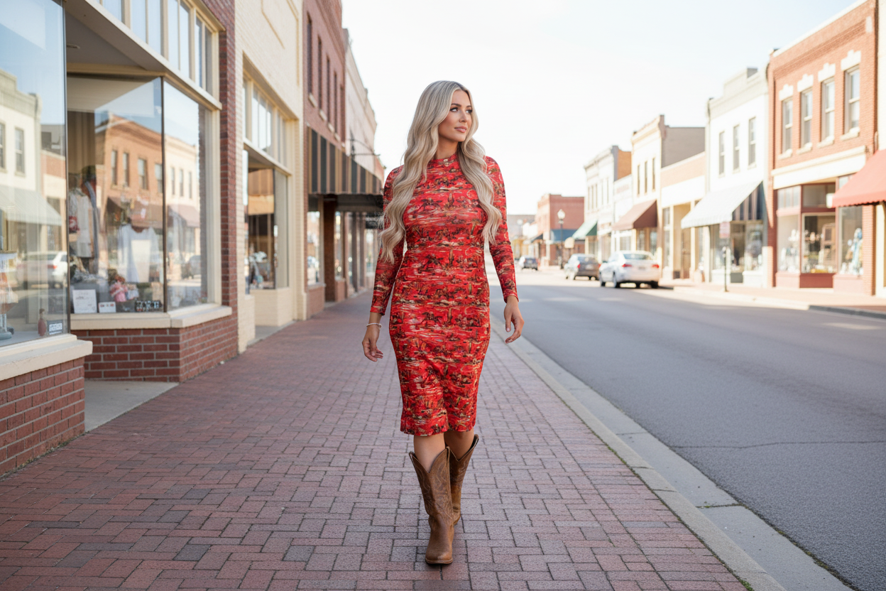 Woman in a red dress walking on a city street