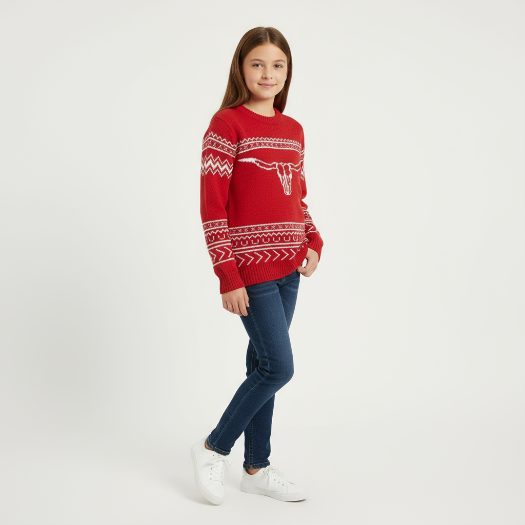 red cowgirl sweater for girls, longhorn western pullover