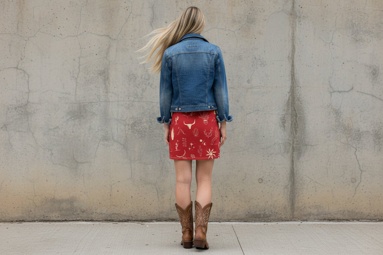 Red dress with white pattern worn by a person on a white background