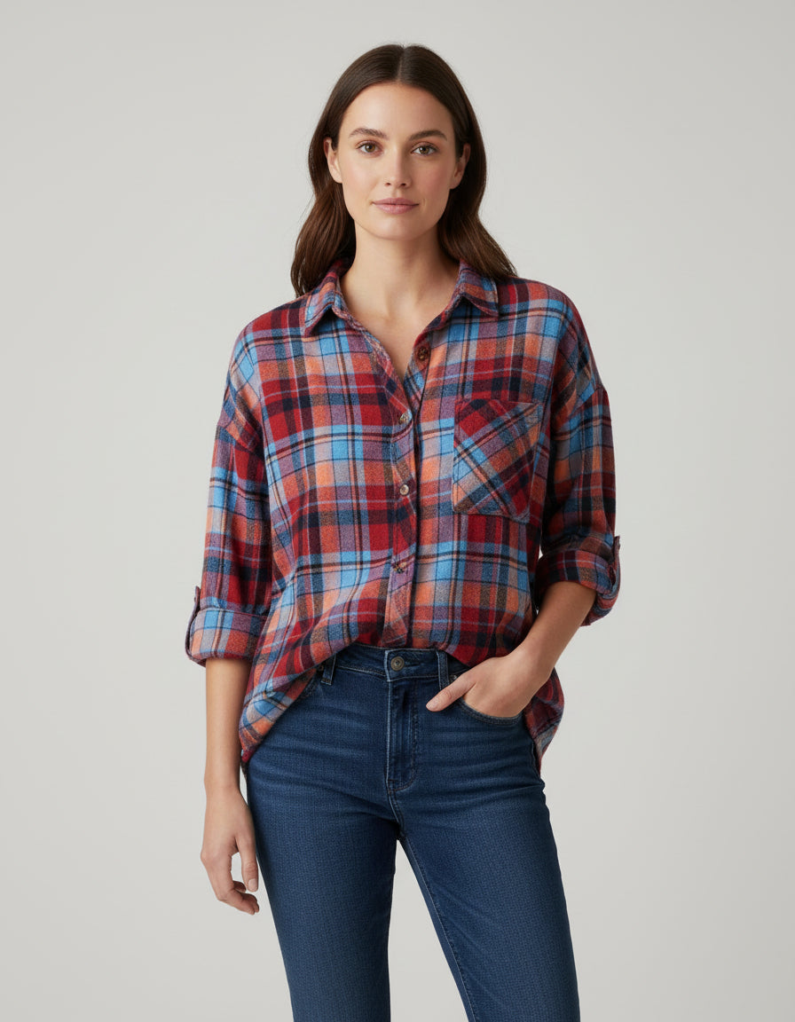 red orange plaid shirt, women's fall shirt