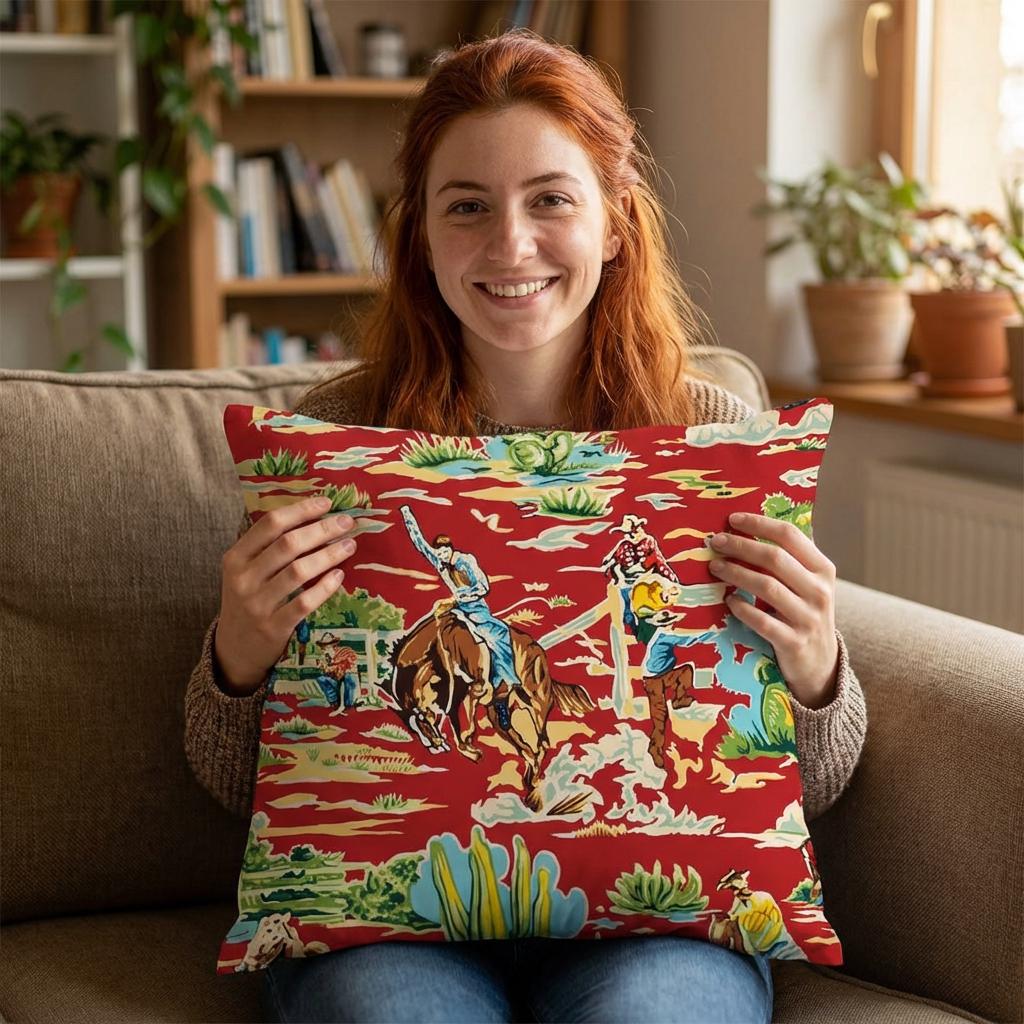 Woman holding a colorful pillow with a cowboy design in a cozy living room.