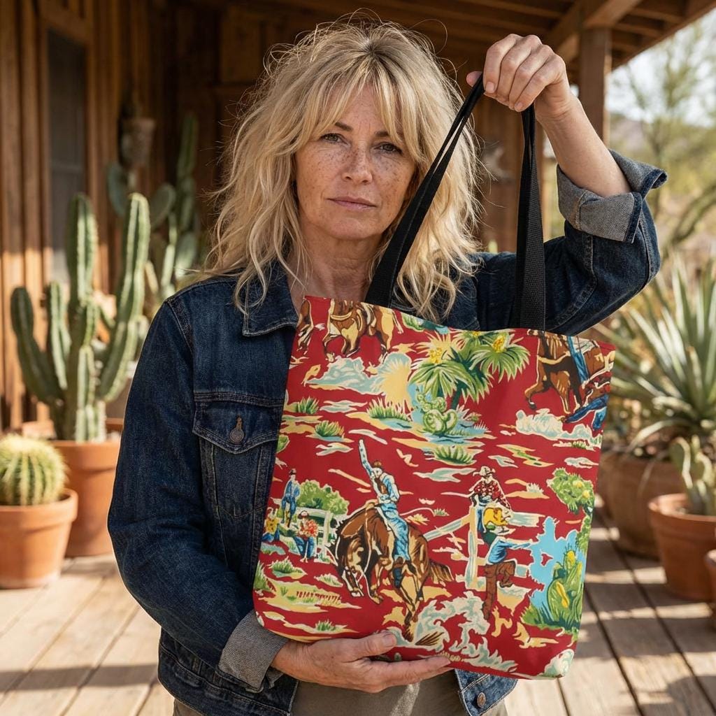 Woman holding a colorful bag with a desert scene design outdoors.