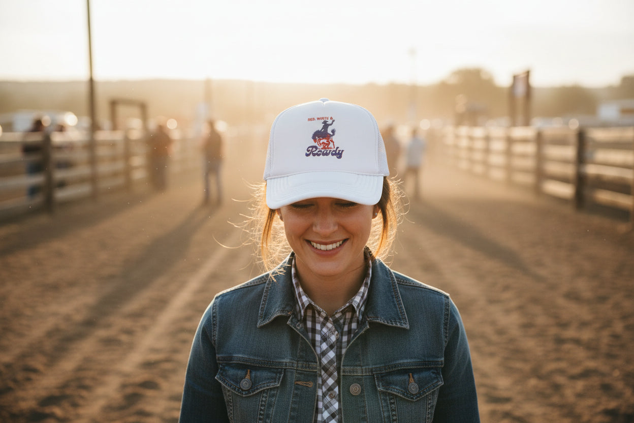 woman wearing Embroidered Cowboy Trucker Hat: Red White & Rowdy Rodeo Cap -Razels