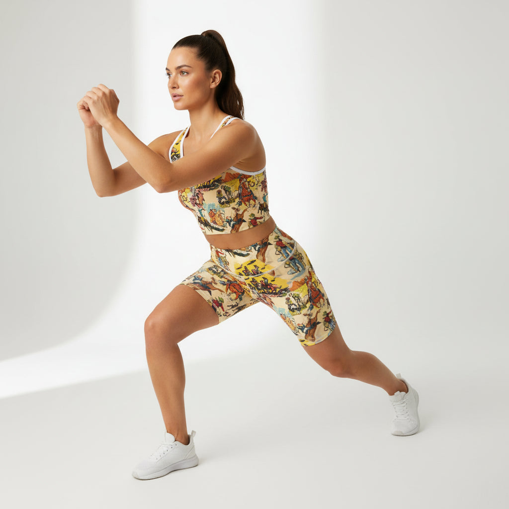woman working out with retro cowboy sports bra and matching biker shorts