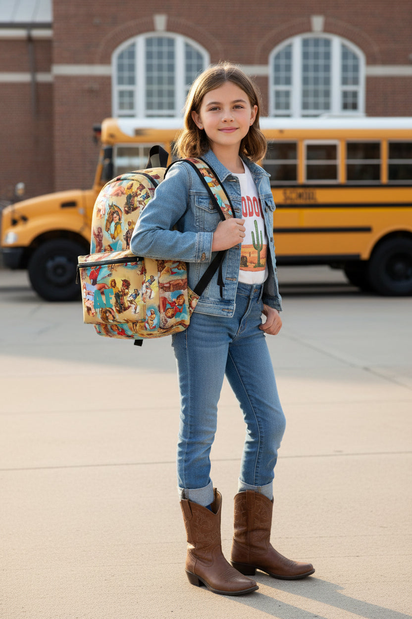girl wearing retro cowgirl backpack at school