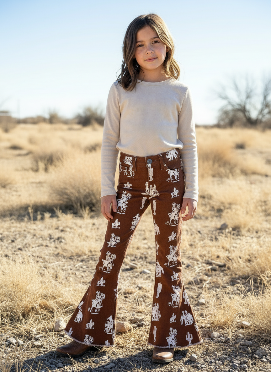 Child wearing brown bell-bottom pants with white patterns in a desert setting