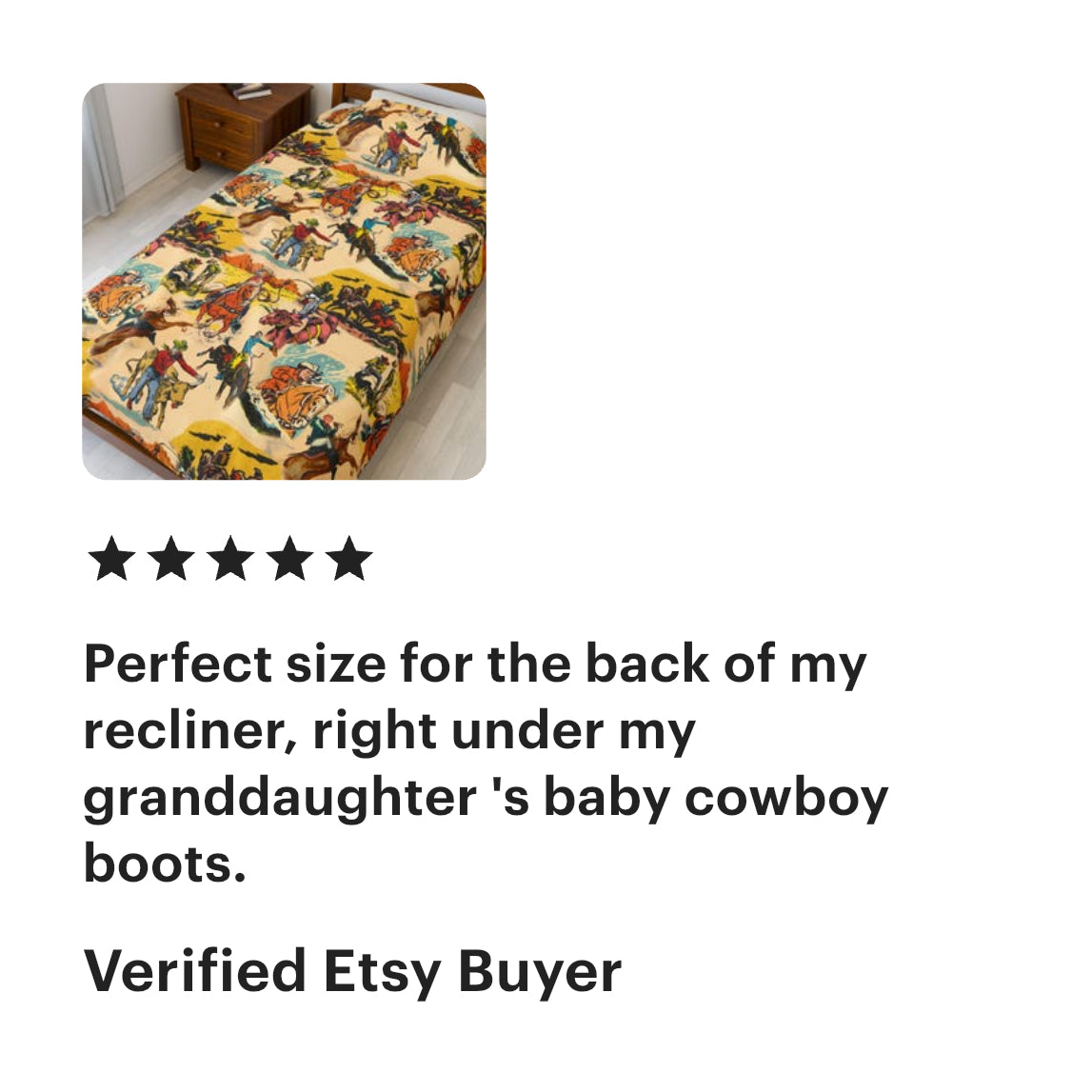 Bedding set with cowboy design on a bed, with a five-star rating and customer review below.