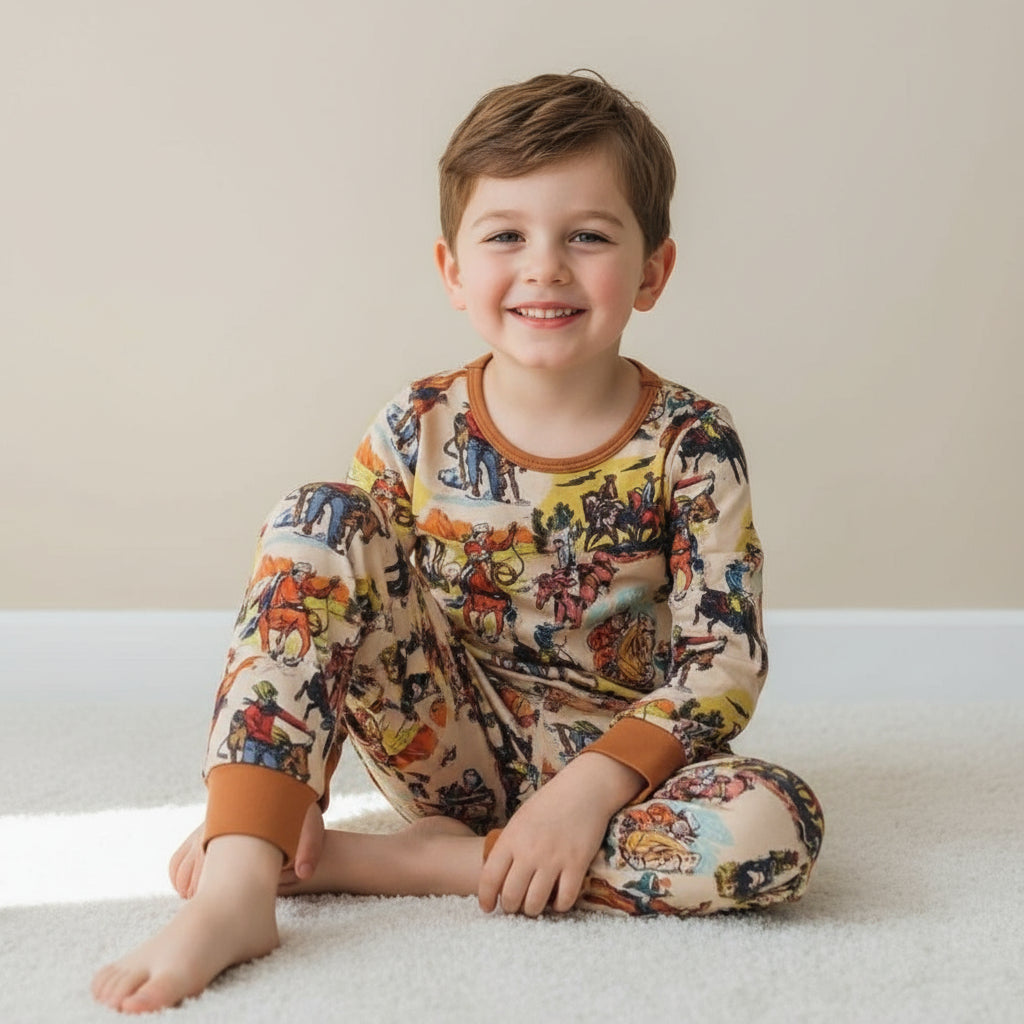 Retro Cowboy Print Pajamas: Cotton Blend Western PJs -Razels
