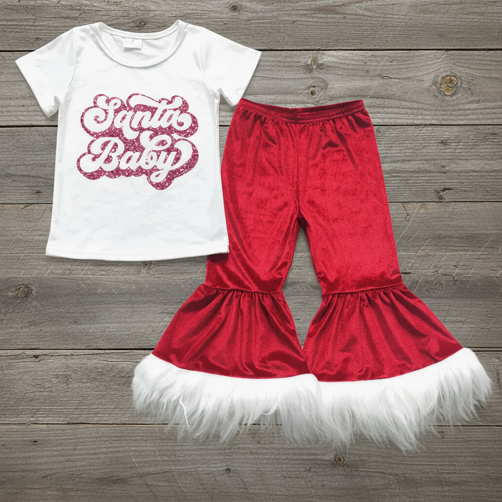 Girls Santa Baby Christmas Outfit – Red Velvet Bell Bottom Set with Feather Trim – Holiday Toddler & Youth Outfit – Western Christmas Clothes – Razels