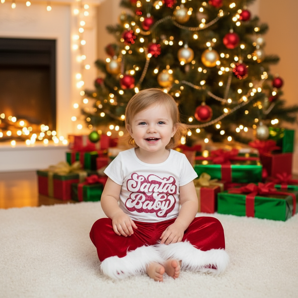 Girls Santa Baby Christmas Outfit – Red Velvet Bell Bottom Set with Feather Trim – Holiday Toddler & Youth Outfit – Western Christmas Clothes – Razels