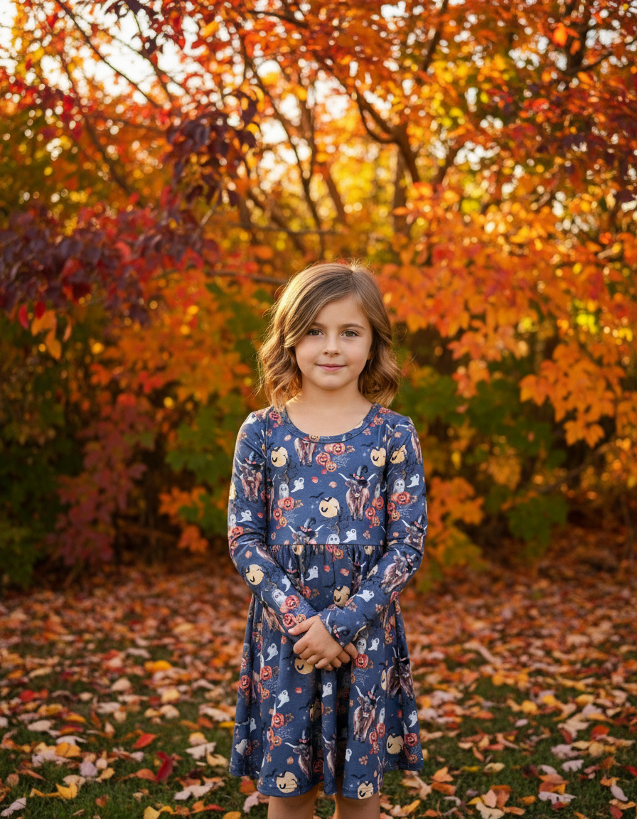 Young girl in a scottish highlander cow halloween dress standing in an autumn setting with colorful leaves.