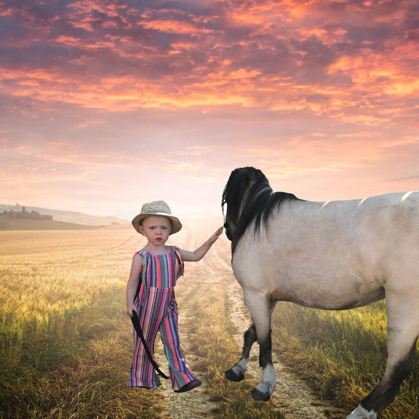 Jernie modeling Toddler Girls Serape, Denim Jumpsuit - Serape Stripe Overalls, BOHO Suspender Pants, Western Toddler Outfit With adjustable shoulder straps, you'll get a perfect fit that grows with your child. Comfortable, versatile, and oh-so-fun!