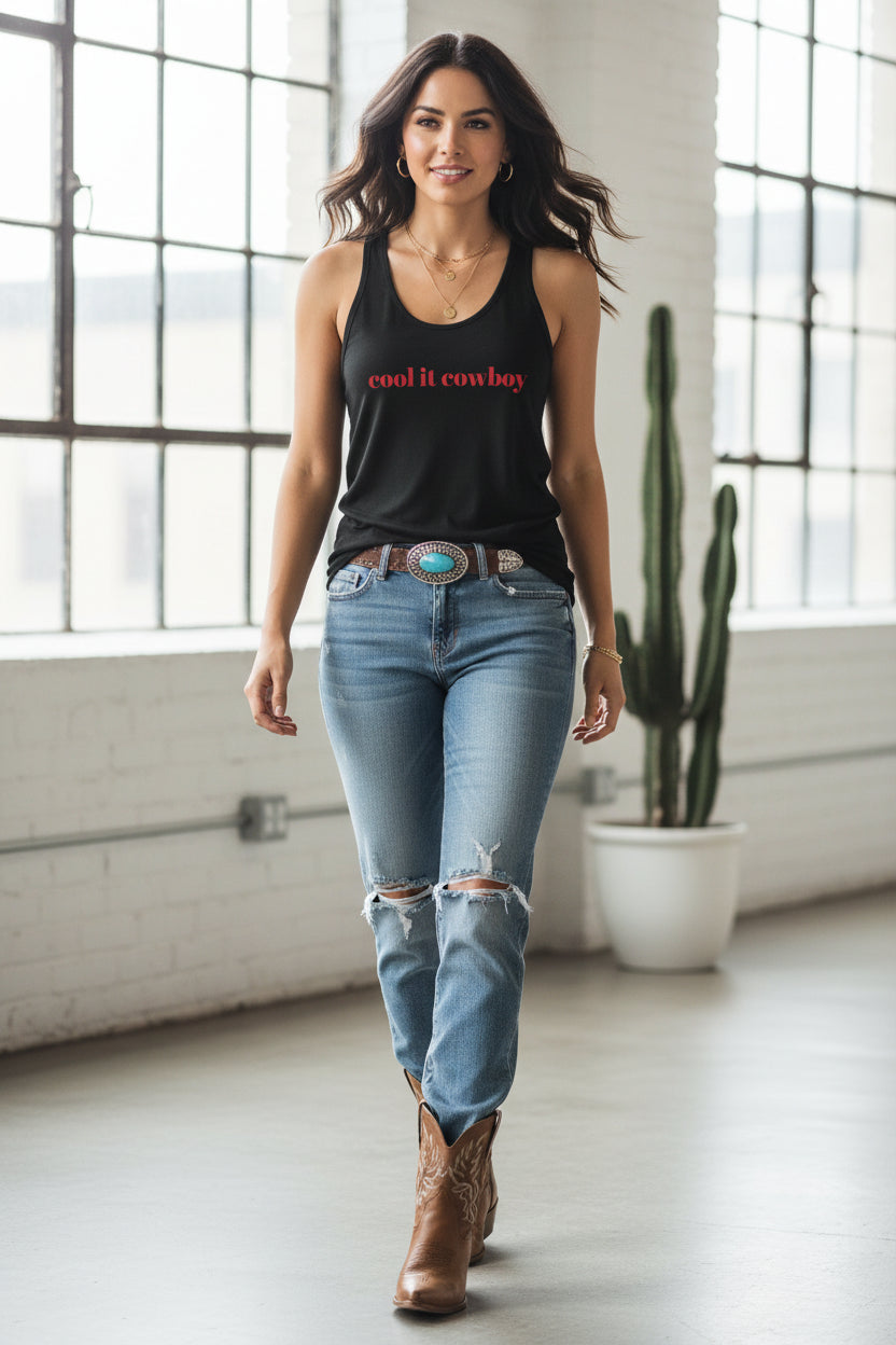🤠 Cool It Cowboy – Western Racerback Tank for Women
Our spicy fan-favorite saying “Cool It Cowboy” is now heat-pressed on your new go-to racerback tank!
Available in 7 gorgeous colors, it’s soft, breathable, and ready to ride with you from gym sesh to grocery run.
✓ Lightweight & breathable (4 oz cotton/poly blend)
✓ Soft feel with comfy self-fabric binding
✓ Flattering scoop neckline + racerback cut
✓ Tear-away label for no-itch wear
✓ Great for workouts, errands, or casual Western vibes
