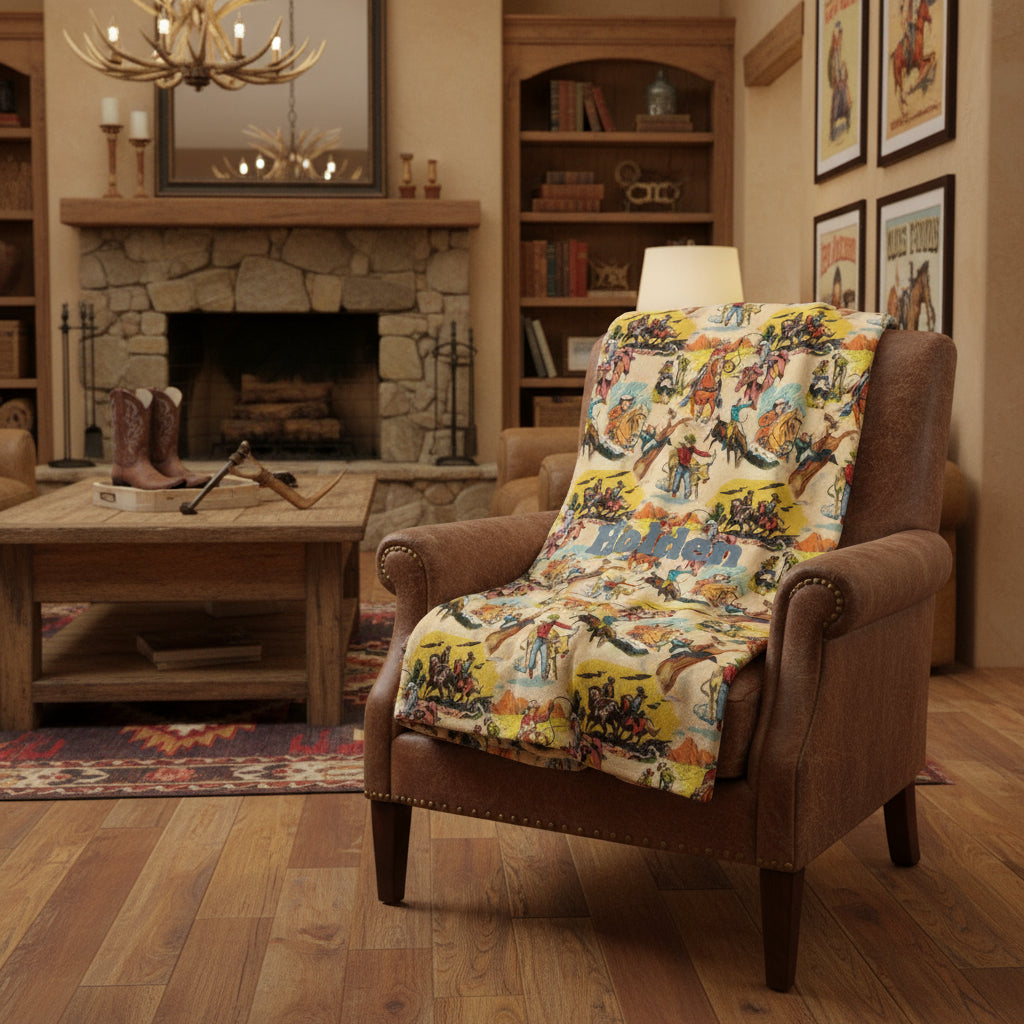 Fleece blanket with cowboy pattern and 'Holden' branding on a white background