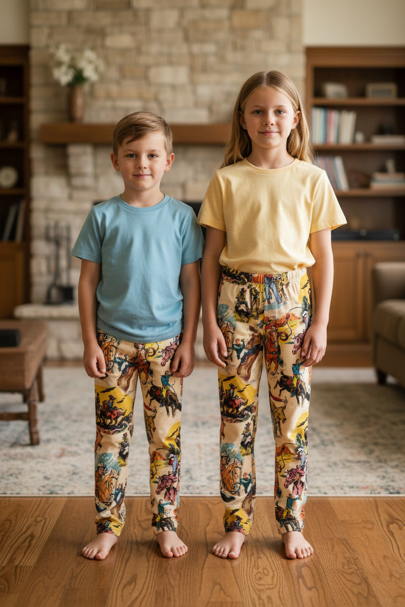 Kids Vintage Cowboy Pajama Pants: Western Rodeo Loungewear -Razels