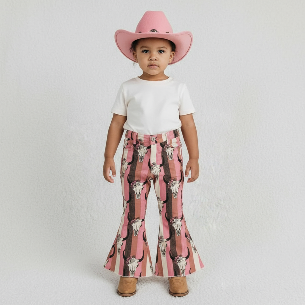 Child wearing a pink cowboy hat, white top, and plaid pants with cow pattern on a plain background