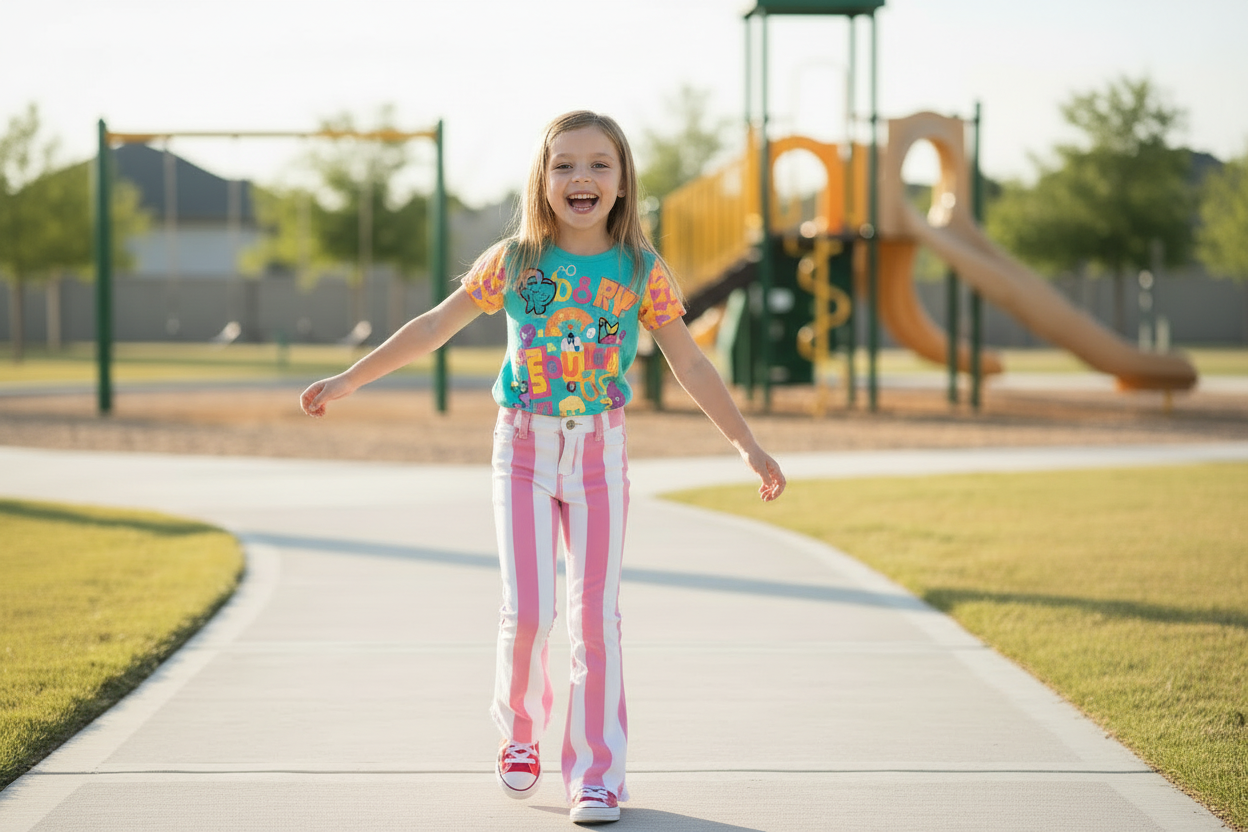 Young girl iwalking away from playground wearing pink and white striped pants and a white shirt.