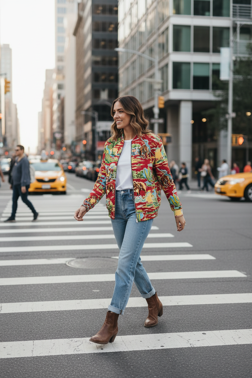 Woman in a colorful jacket walking on a across street