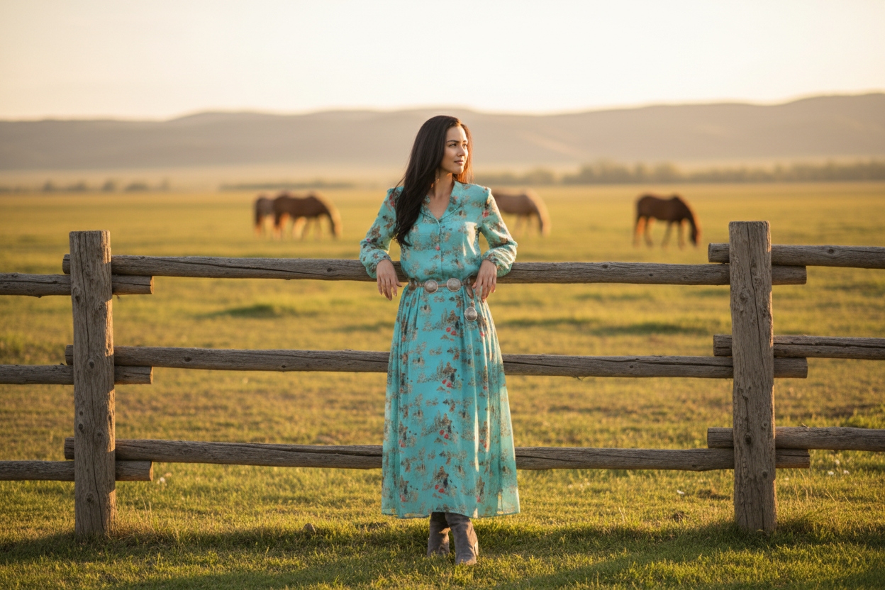 Turquoise Western Cowboy Print Maxi Dress