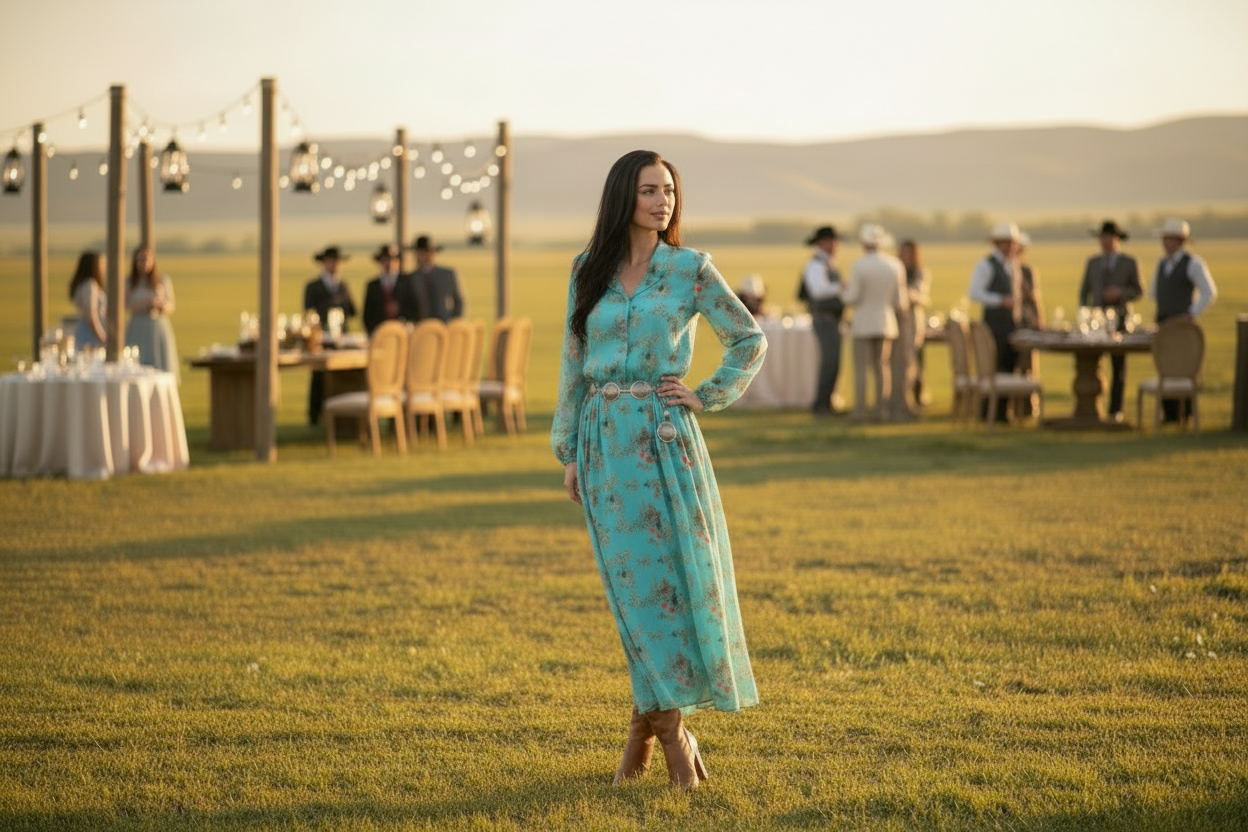 Turquoise Western Cowboy Print Maxi Dress | Flowy Cowgirl Chiffon Dress