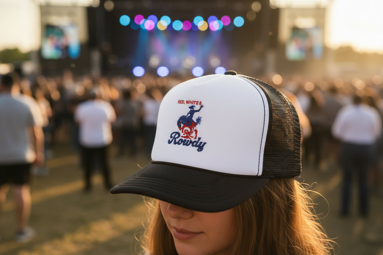 Embroidered Cowboy Trucker Hat: Red White & Rowdy Rodeo Cap -Razels