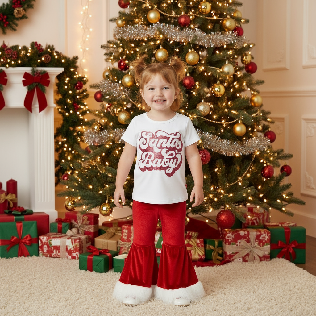 Girls Santa Baby Christmas Outfit – Red Velvet Bell Bottom Set with Feather Trim – Holiday Toddler & Youth Outfit – Western Christmas Clothes – Razels